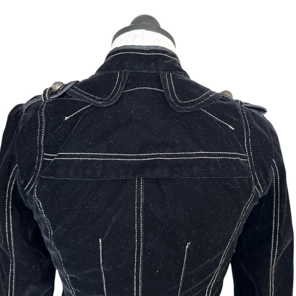 Aziz Black Velvet Military Style Jacket Zip Front Epaulets Bronze Buttons Small - Picture 6 of 14